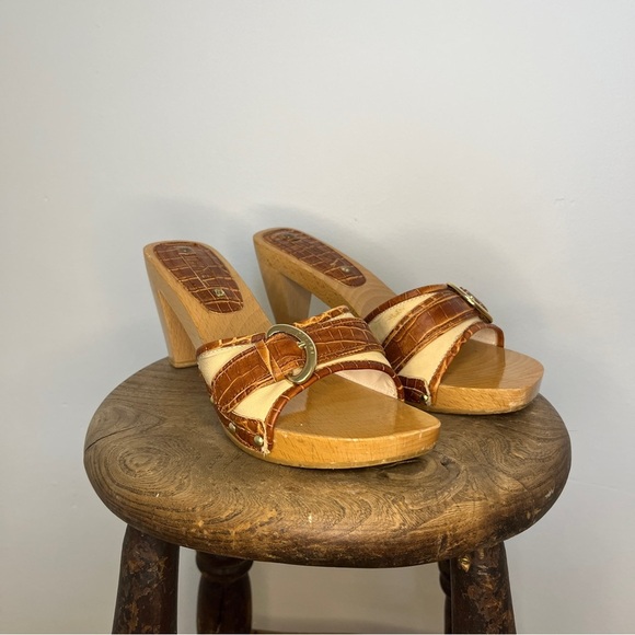 Celine Vintage Wood Block Heel Croc Mules Size 38 US 8 - Picture 2 of 6